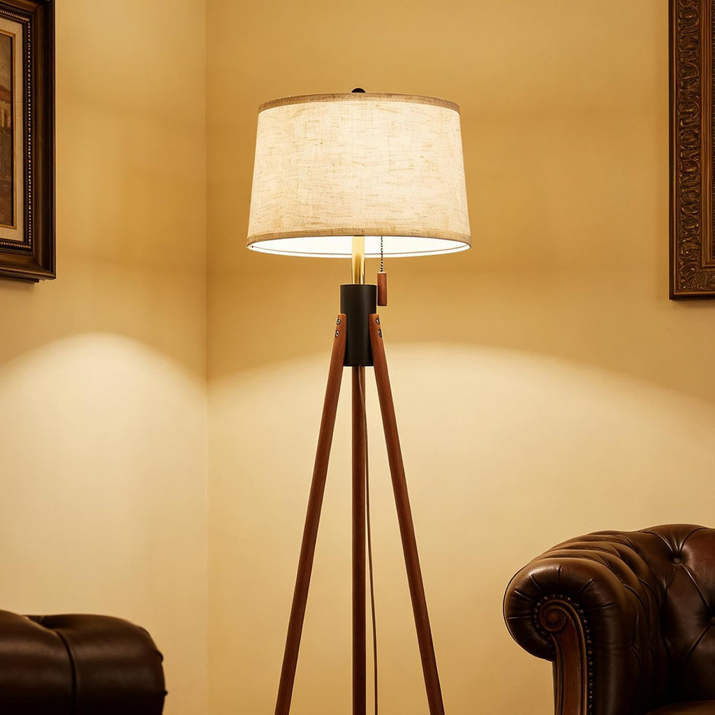 Mid Century Wood Tripod Floor Lamp