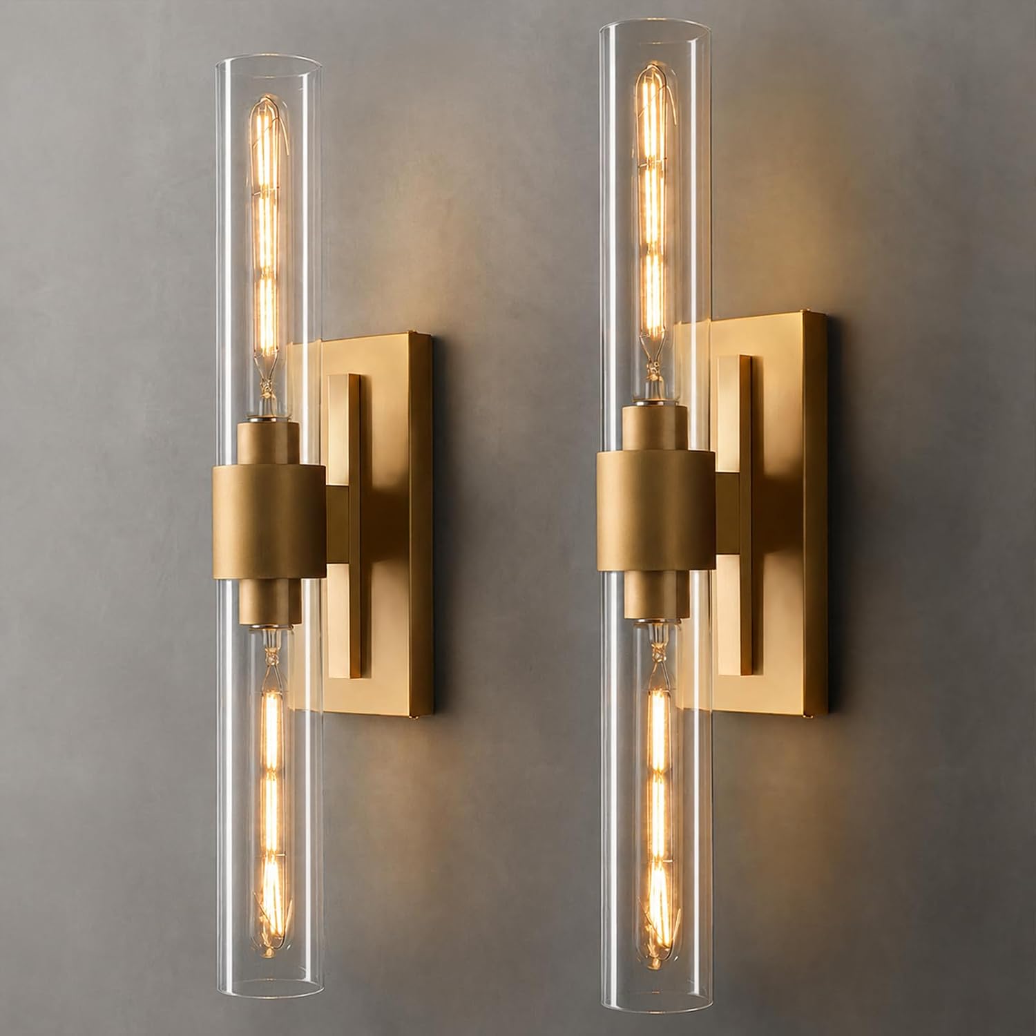 Brass Tube Glass Wall Sconces Set