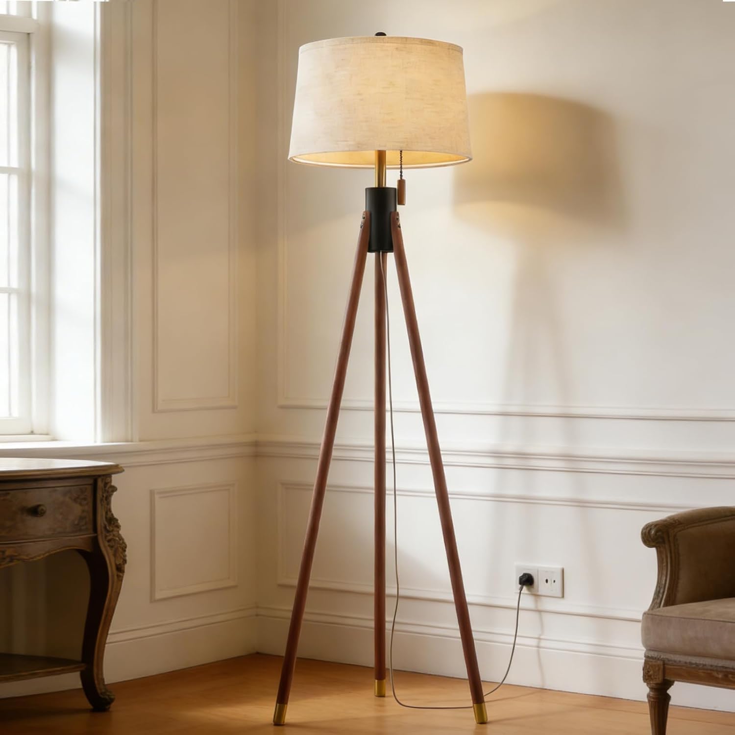 Mid Century Wood Tripod Floor Lamp