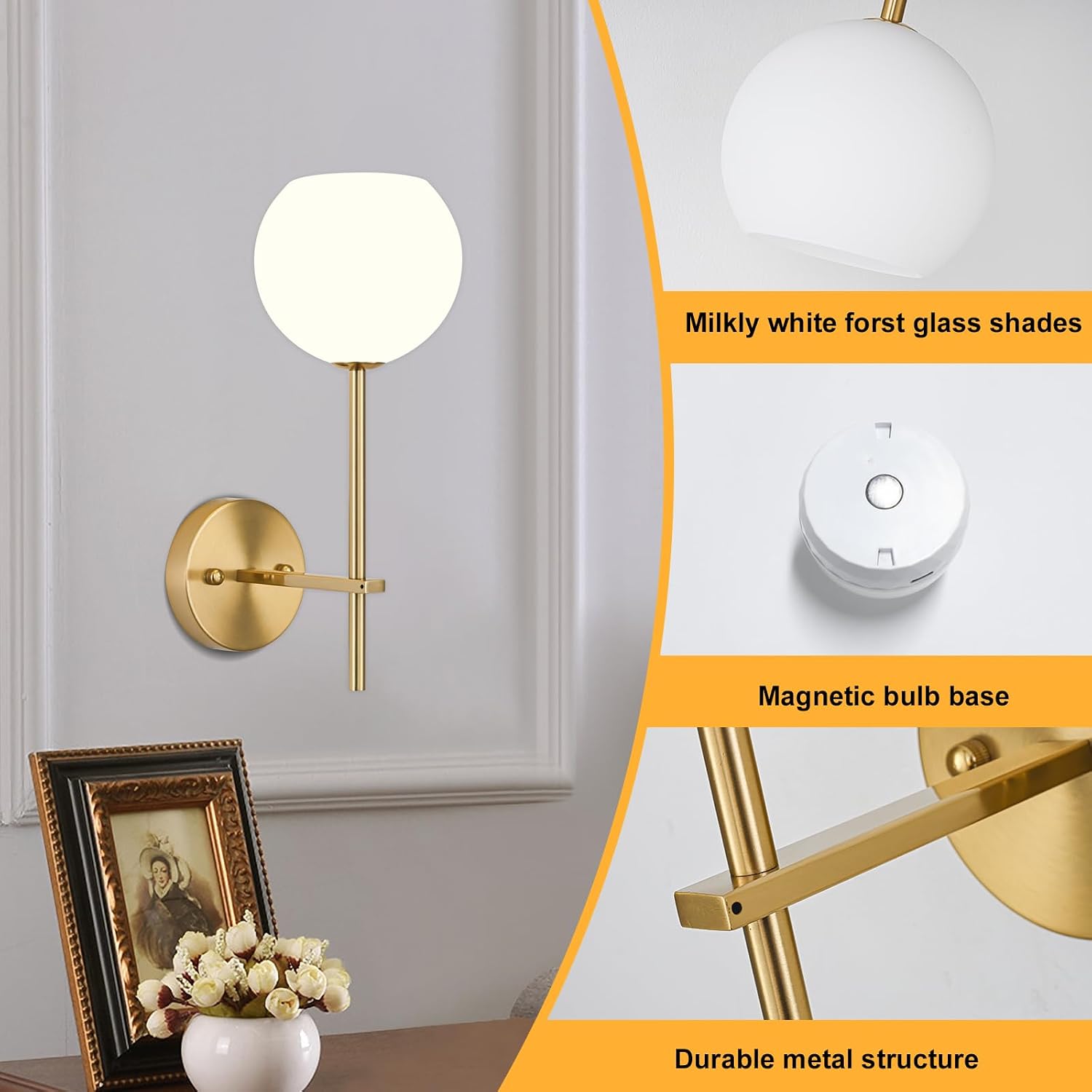 Wireless Gold Glass Wall Sconces