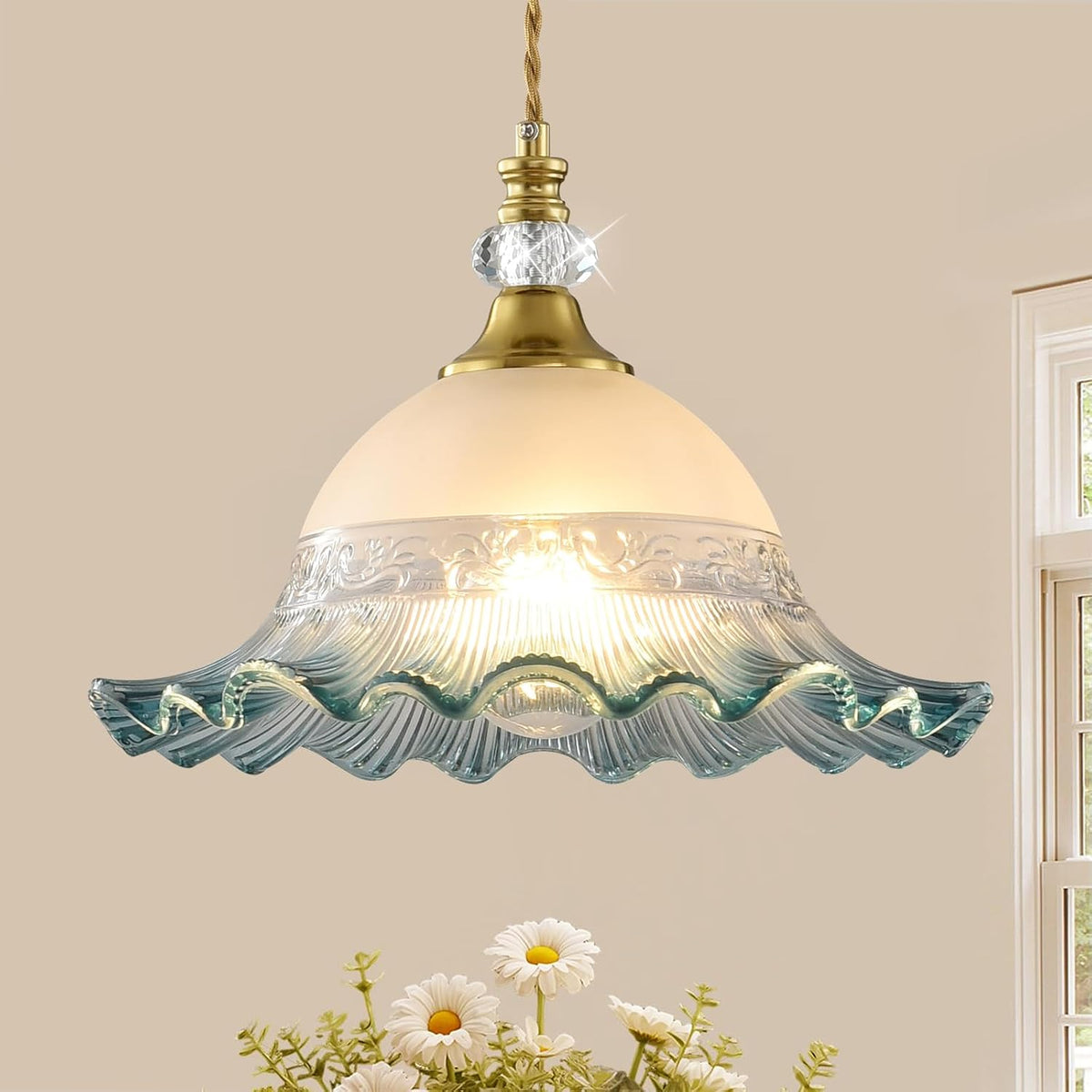 Gold Blue Flower Glass Pendant Light