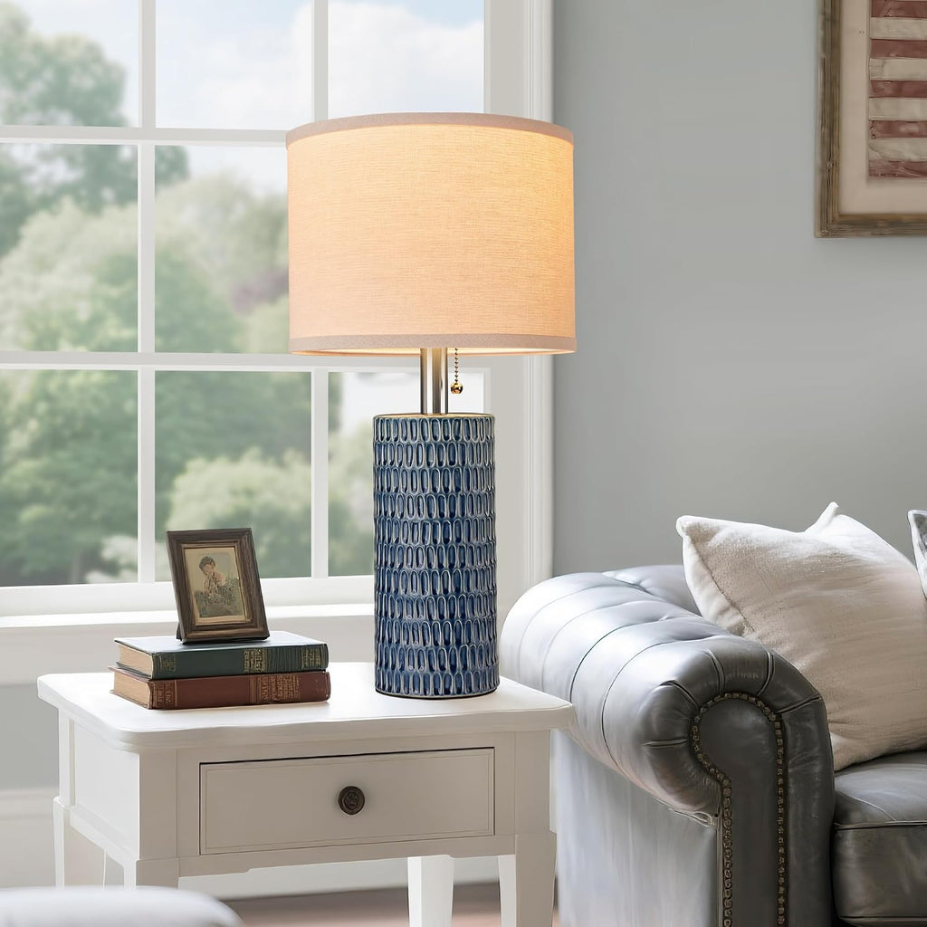 Blue Ceramic Beige Shade Table Lamps Set