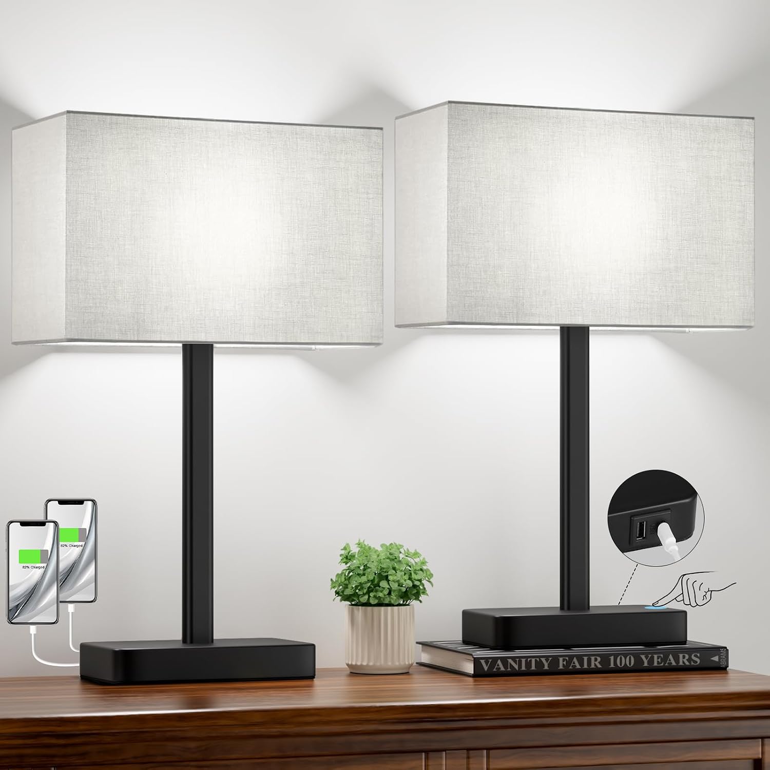 Grey Touch Lamps USB Charging