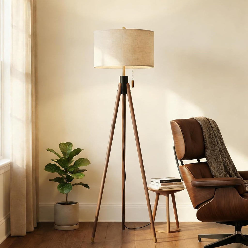 Mid Century Wood Tripod Floor Lamp