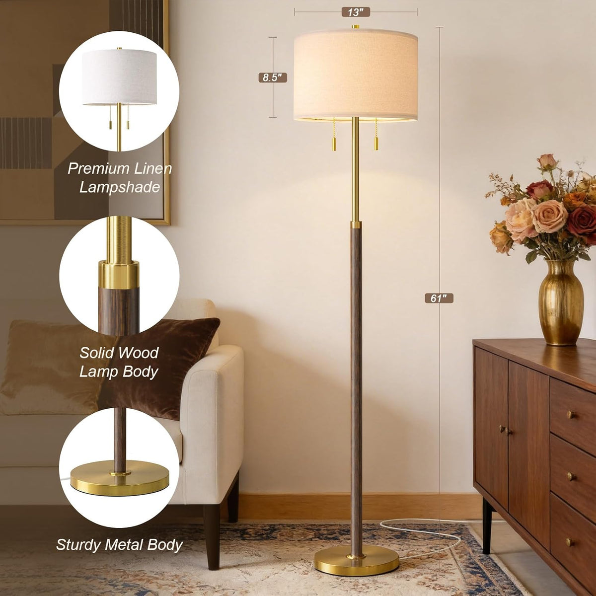 Mid Century Wood Two-Light Floor Lamp
