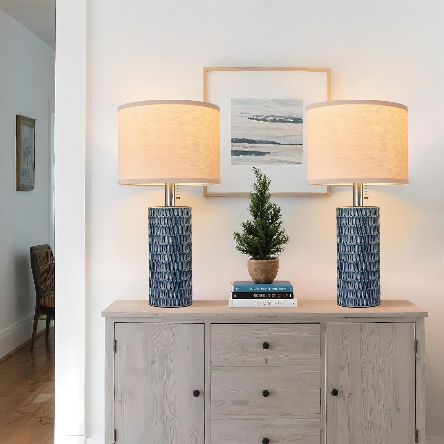 Blue Ceramic Beige Shade Table Lamps Set