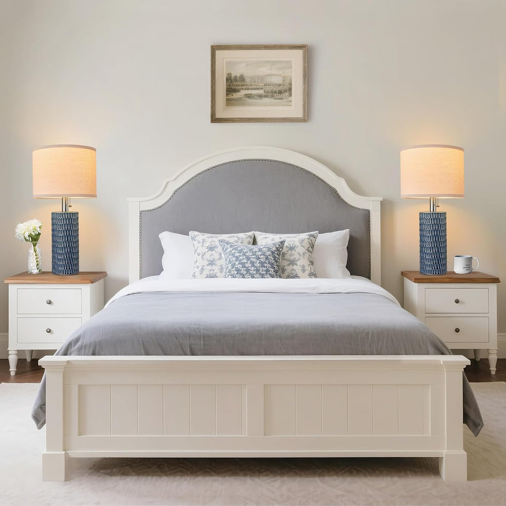 Blue Ceramic Beige Shade Table Lamps Set