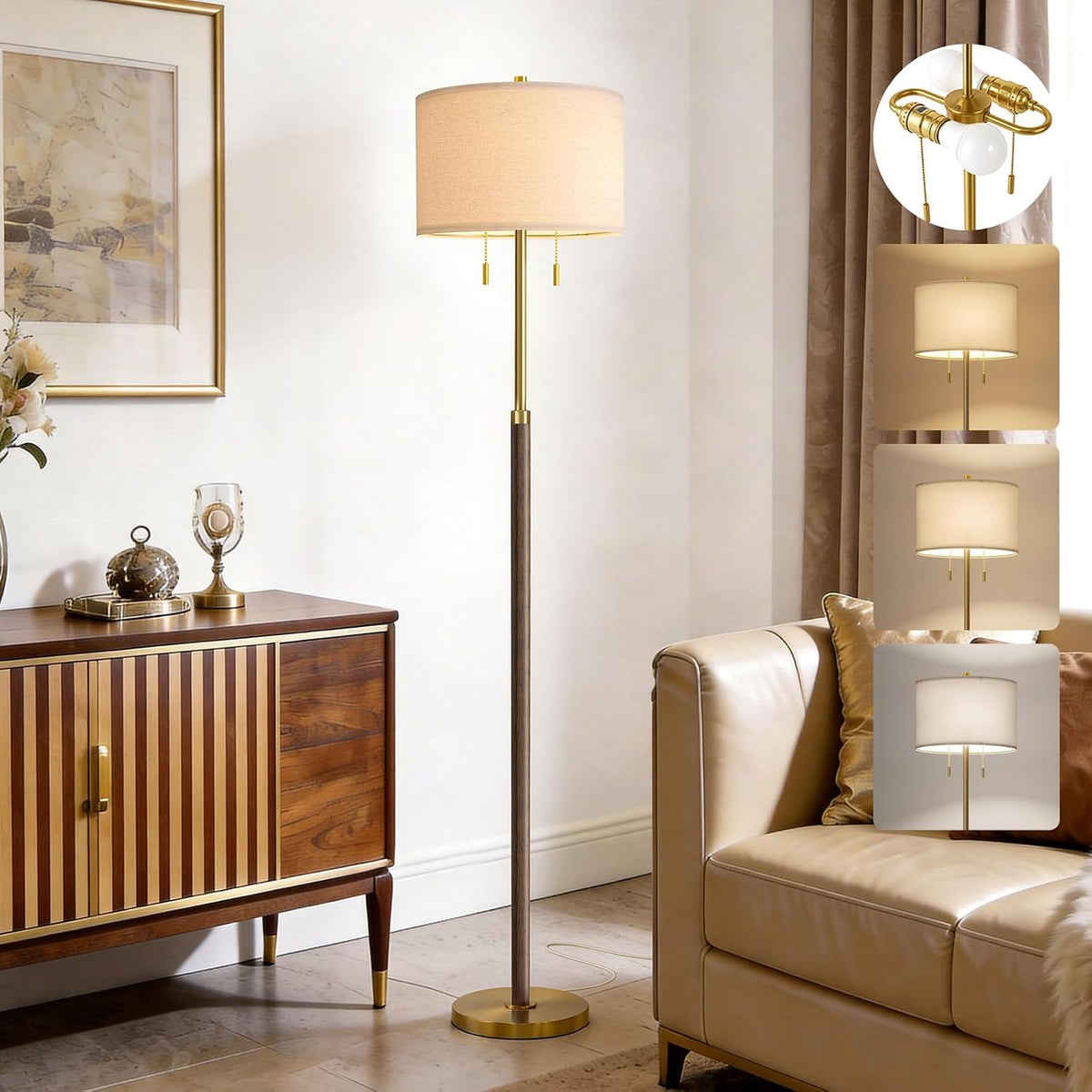 Mid Century Wood Two-Light Floor Lamp
