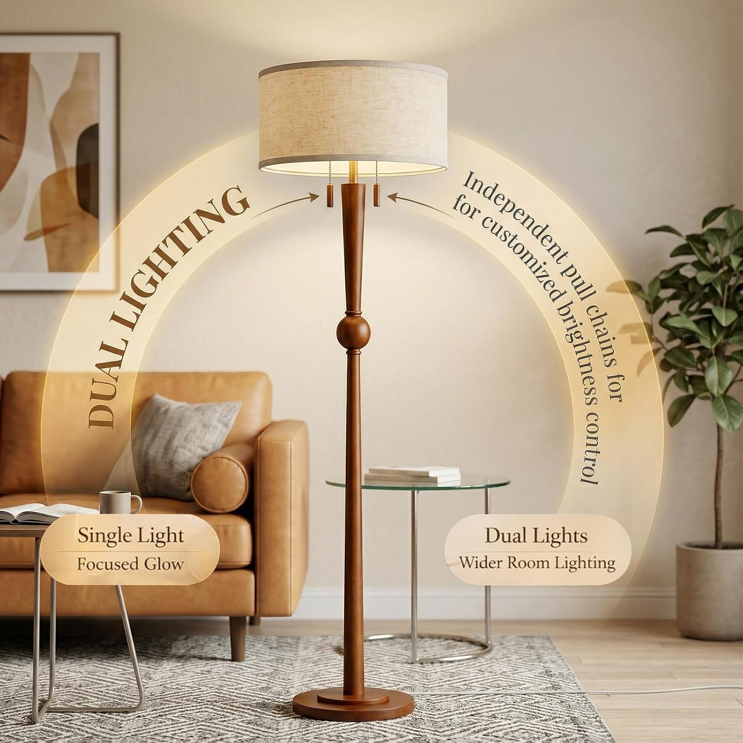 Wood Floor Lamp Linen Drum Shade