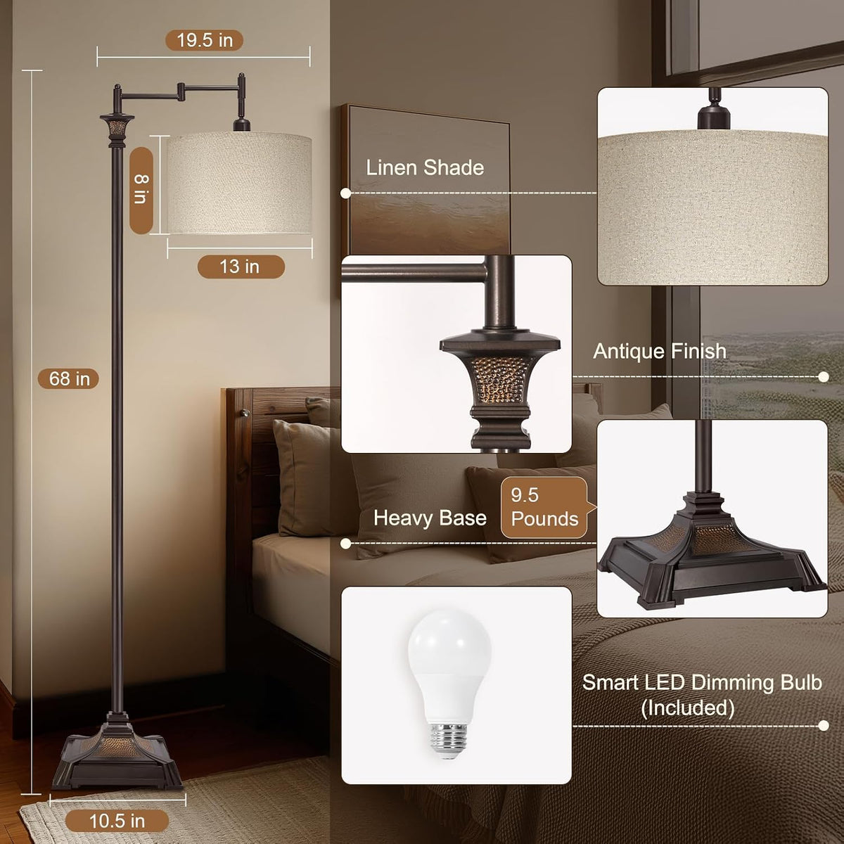Vintage Adjustable Swing Arm Smart Floor Lamp