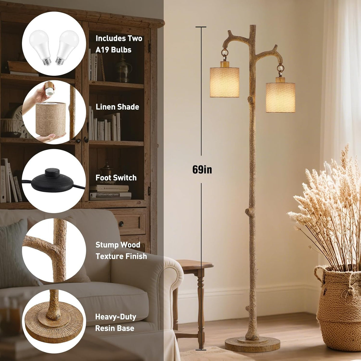 Rustic Farmhouse Tree Trunk Floor Lamp