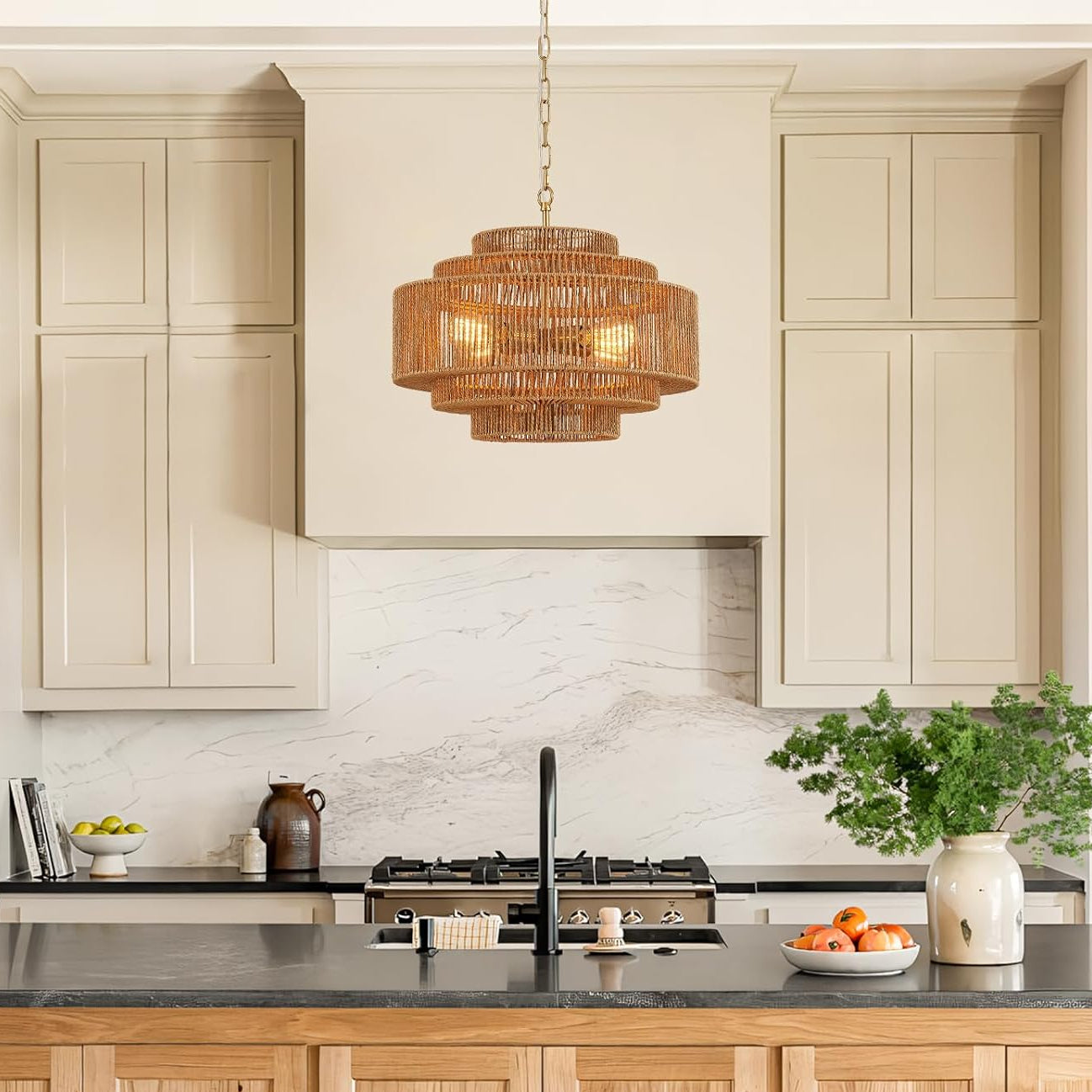 Gold Rattan Drum Chandelier