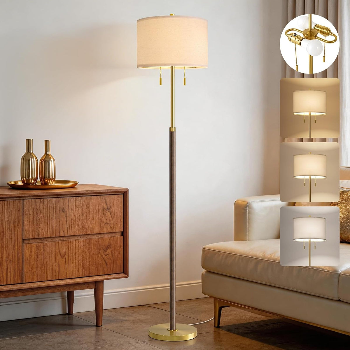 Mid Century Wood Two-Light Floor Lamp