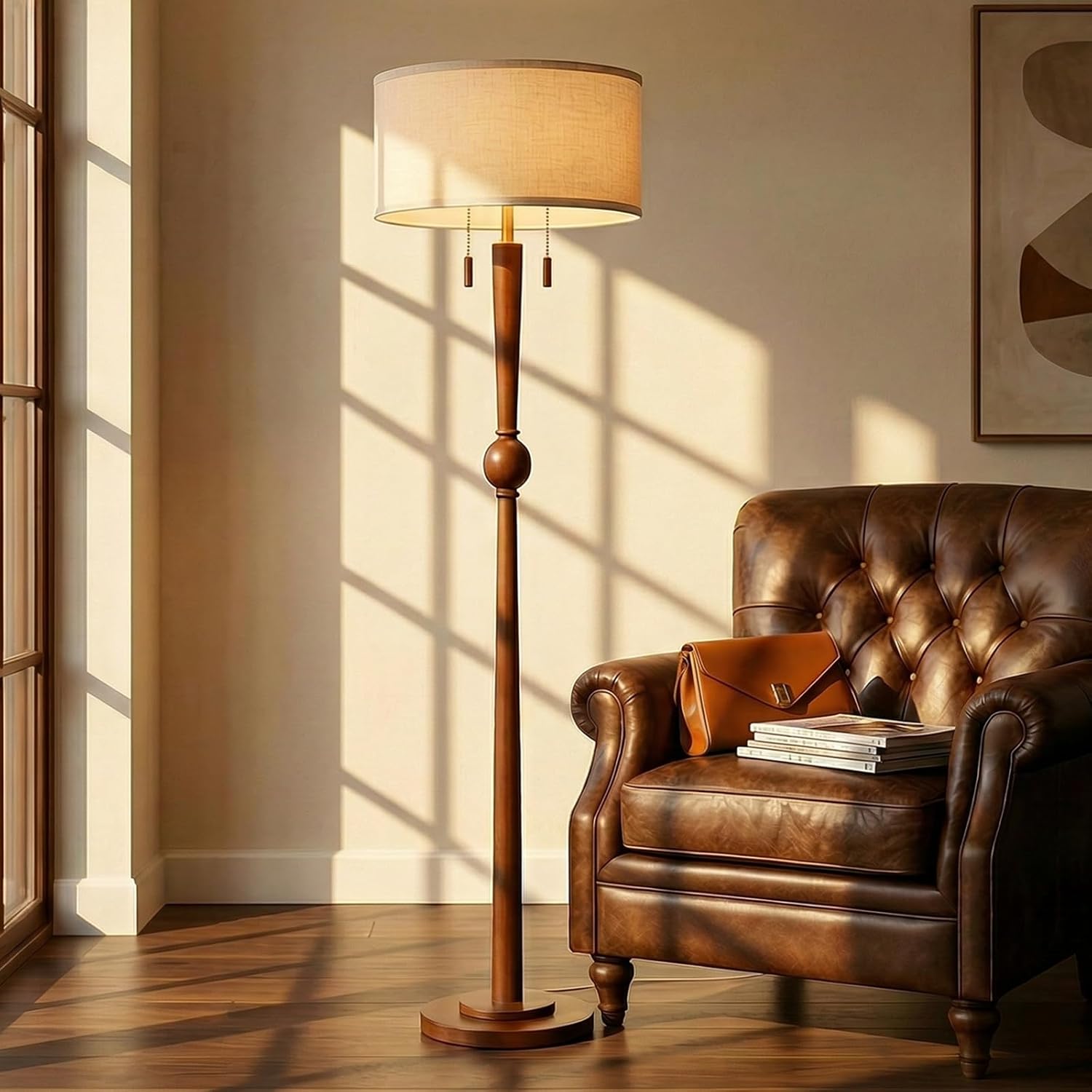 Wood Floor Lamp Linen Drum Shade