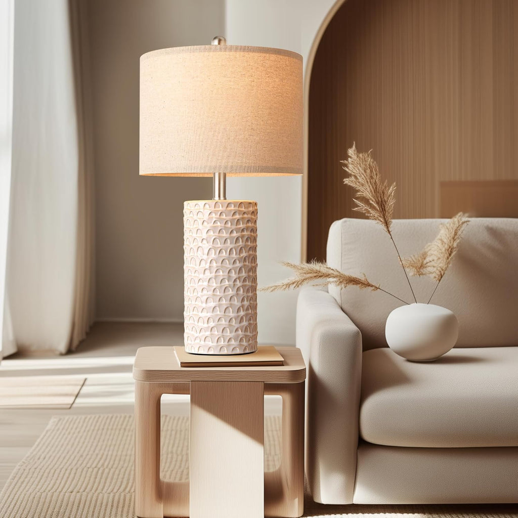White Ceramic Beige Shade Table Lamps Set