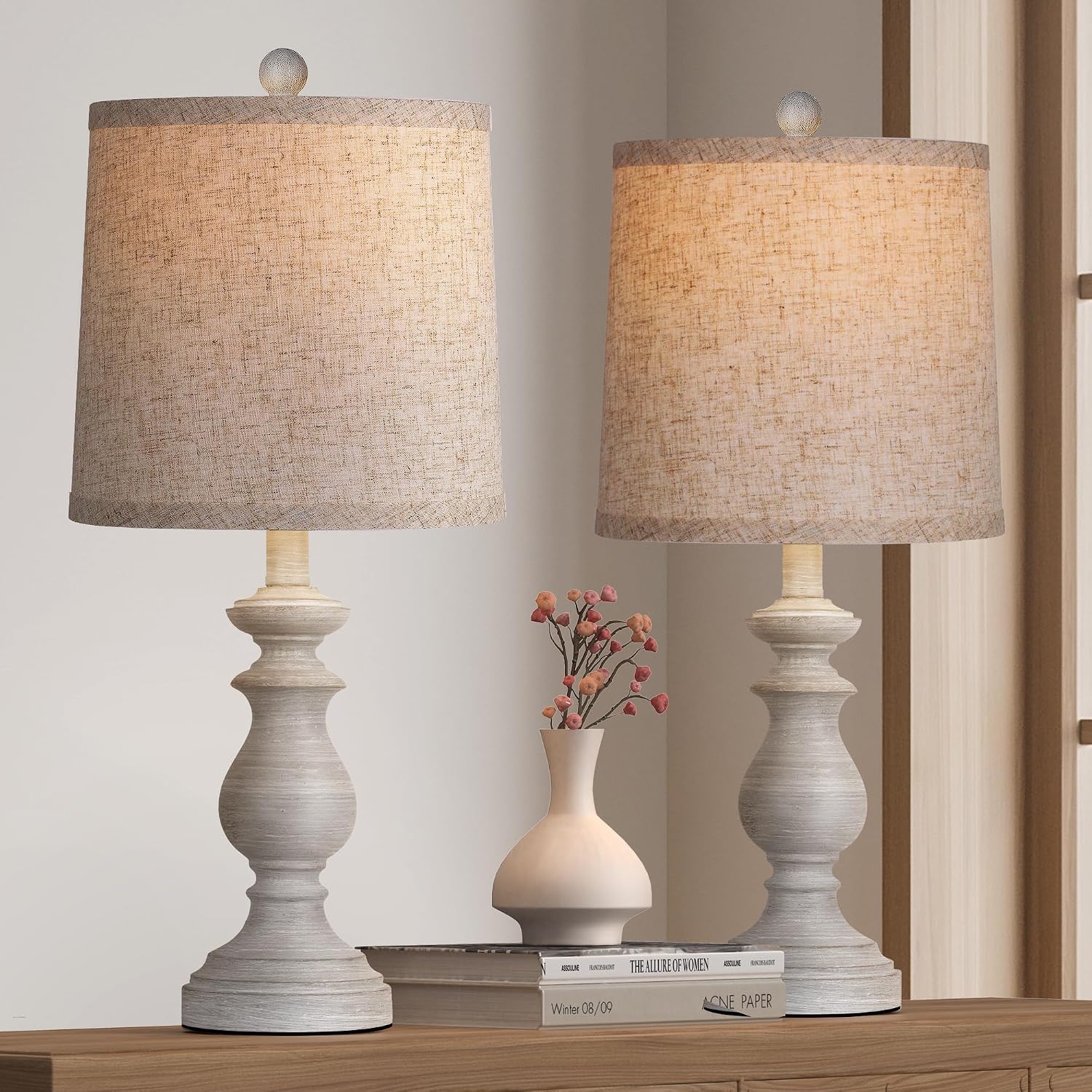 Antique Grey Linen Farmhouse Table Lamps Set