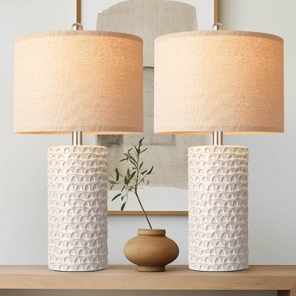 White Ceramic Beige Shade Table Lamps Set