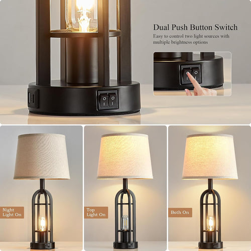 Black USB Charging Farmhouse Table Lamps Set