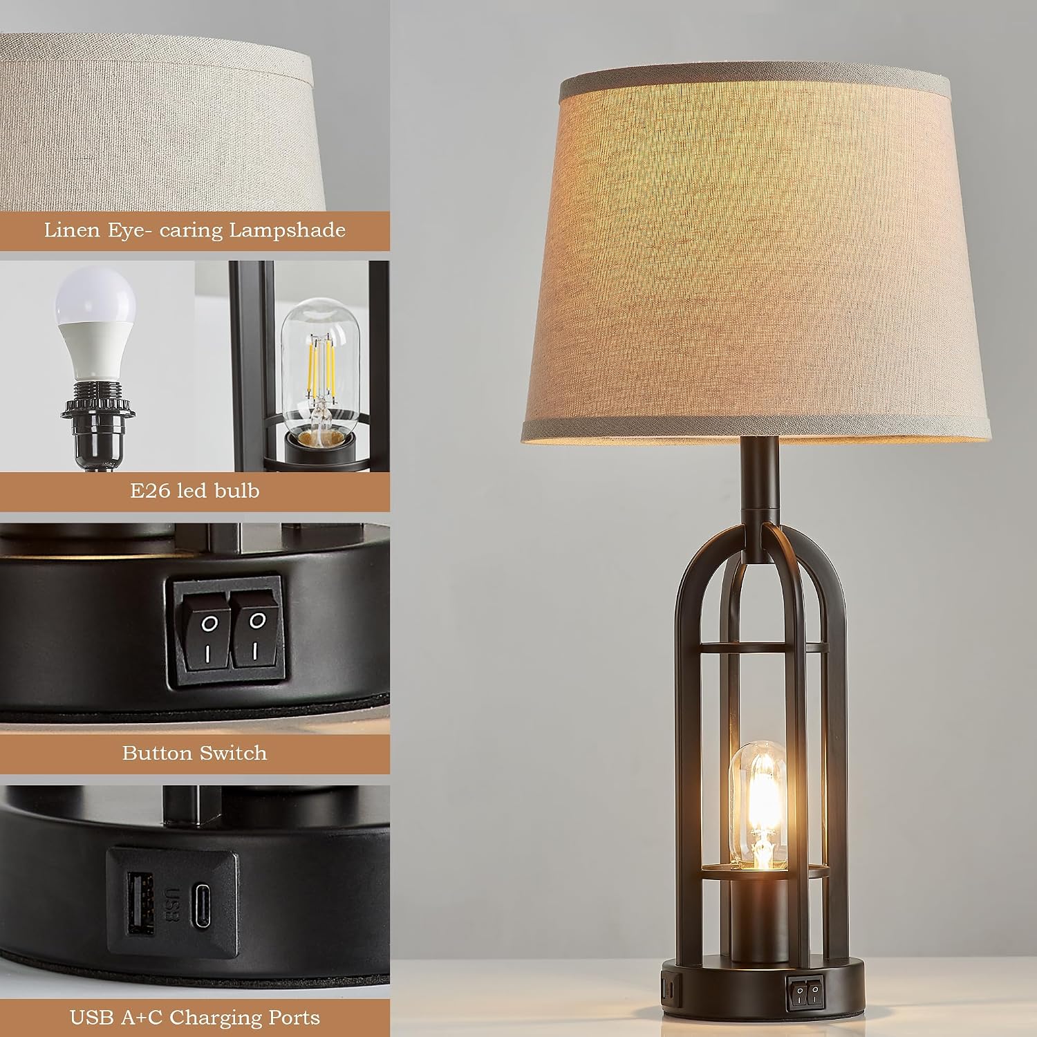Black USB Charging Farmhouse Table Lamps Set