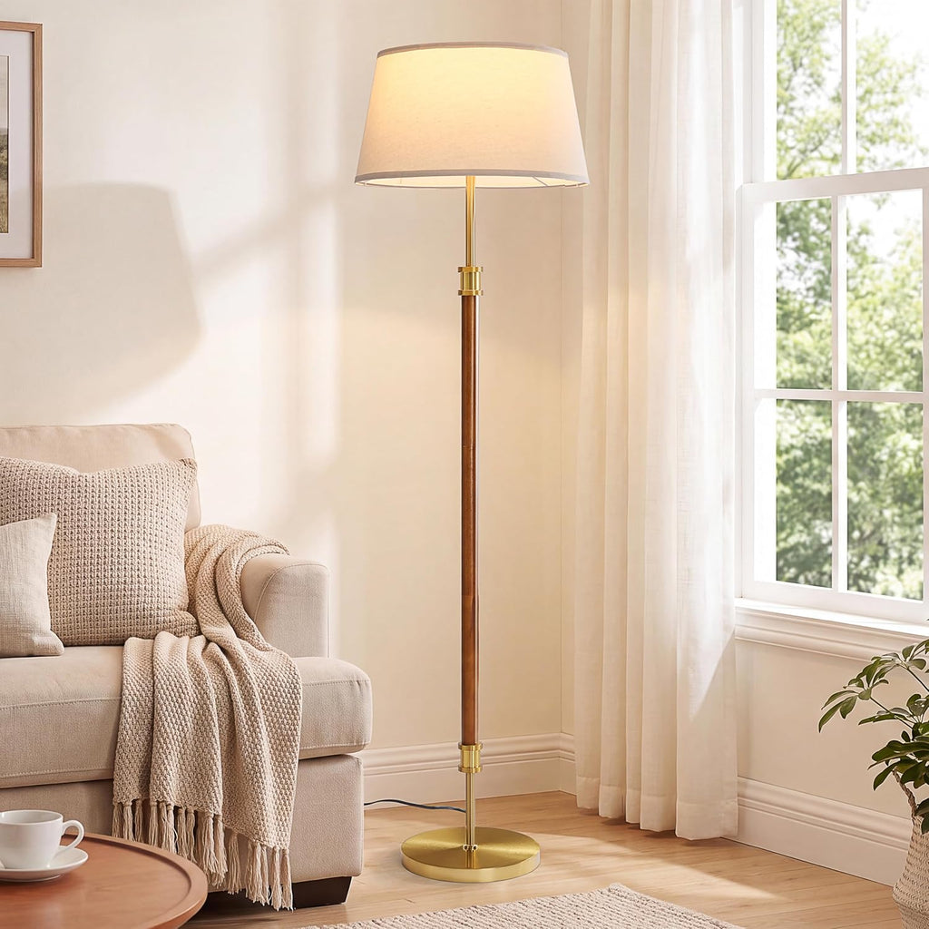 Oak Mid Century Linen Shade Floor Lamp