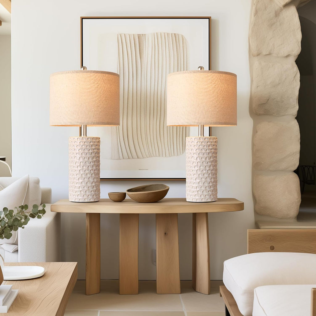 White Ceramic Beige Shade Table Lamps Set