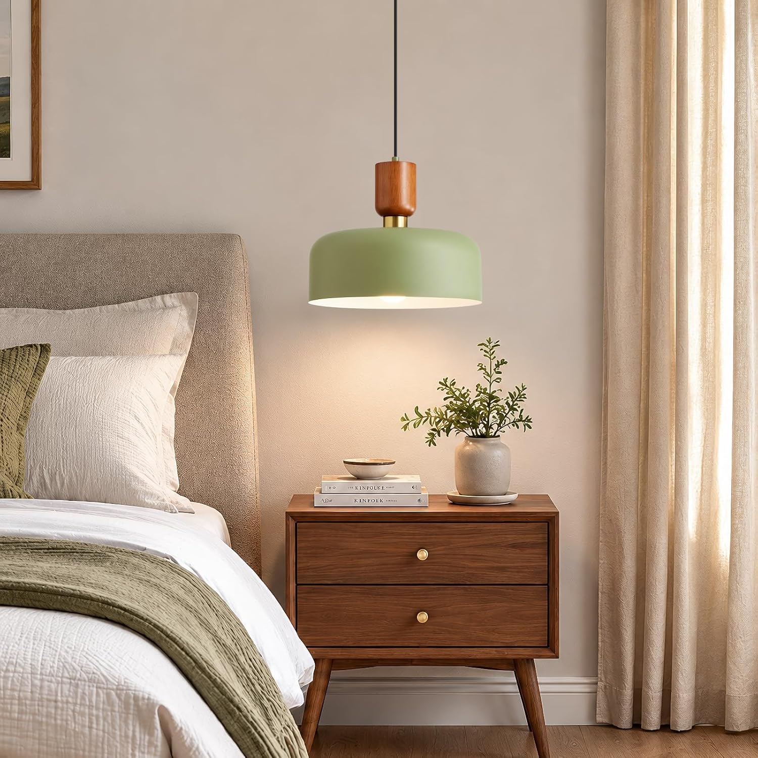 Green Brass Wood Pendant Light