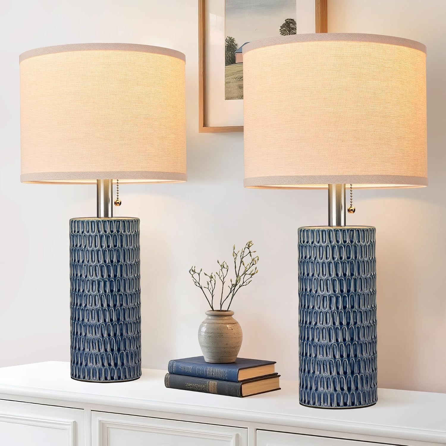Blue Ceramic Beige Shade Table Lamps Set
