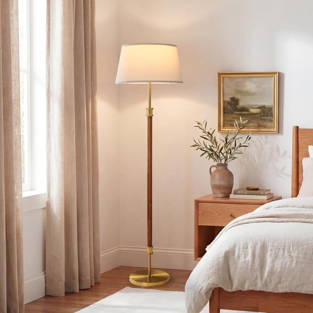 Oak Mid Century Linen Shade Floor Lamp
