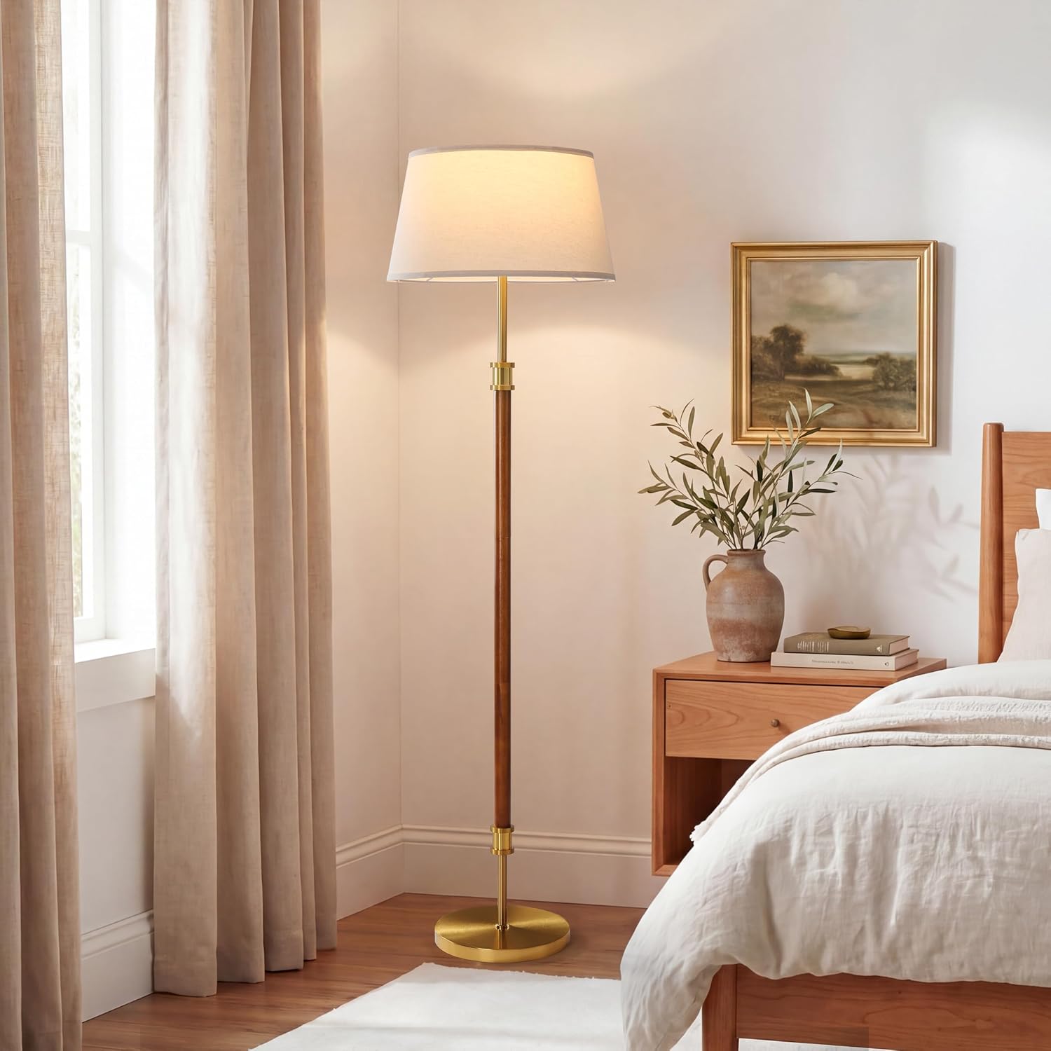 Oak Mid Century Linen Shade Floor Lamp