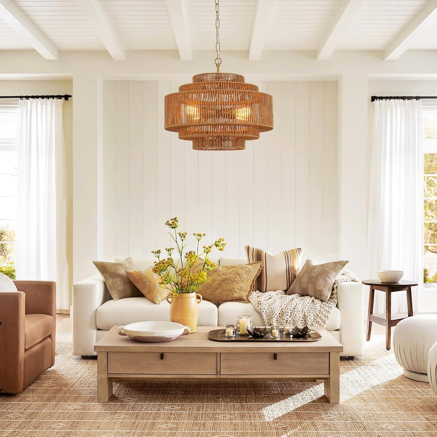 Gold Rattan Drum Chandelier