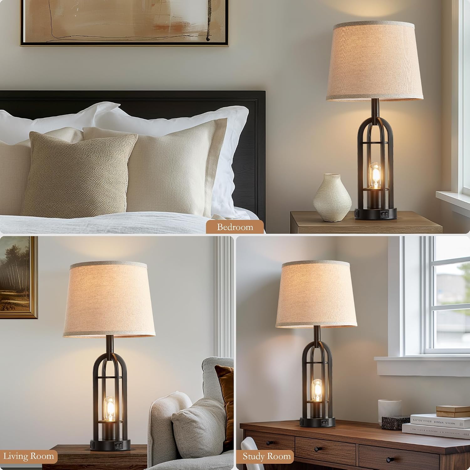 Black USB Charging Farmhouse Table Lamps Set