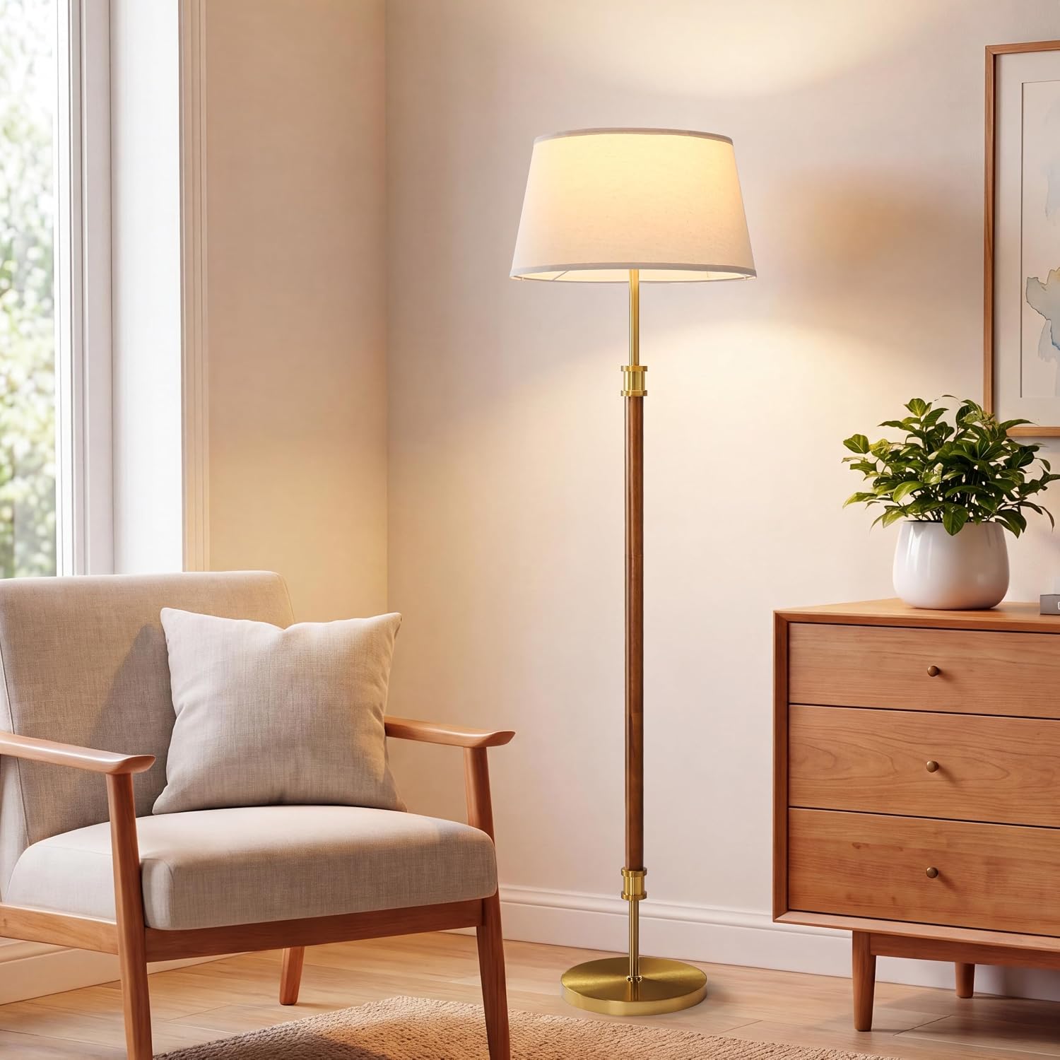 Oak Mid Century Linen Shade Floor Lamp