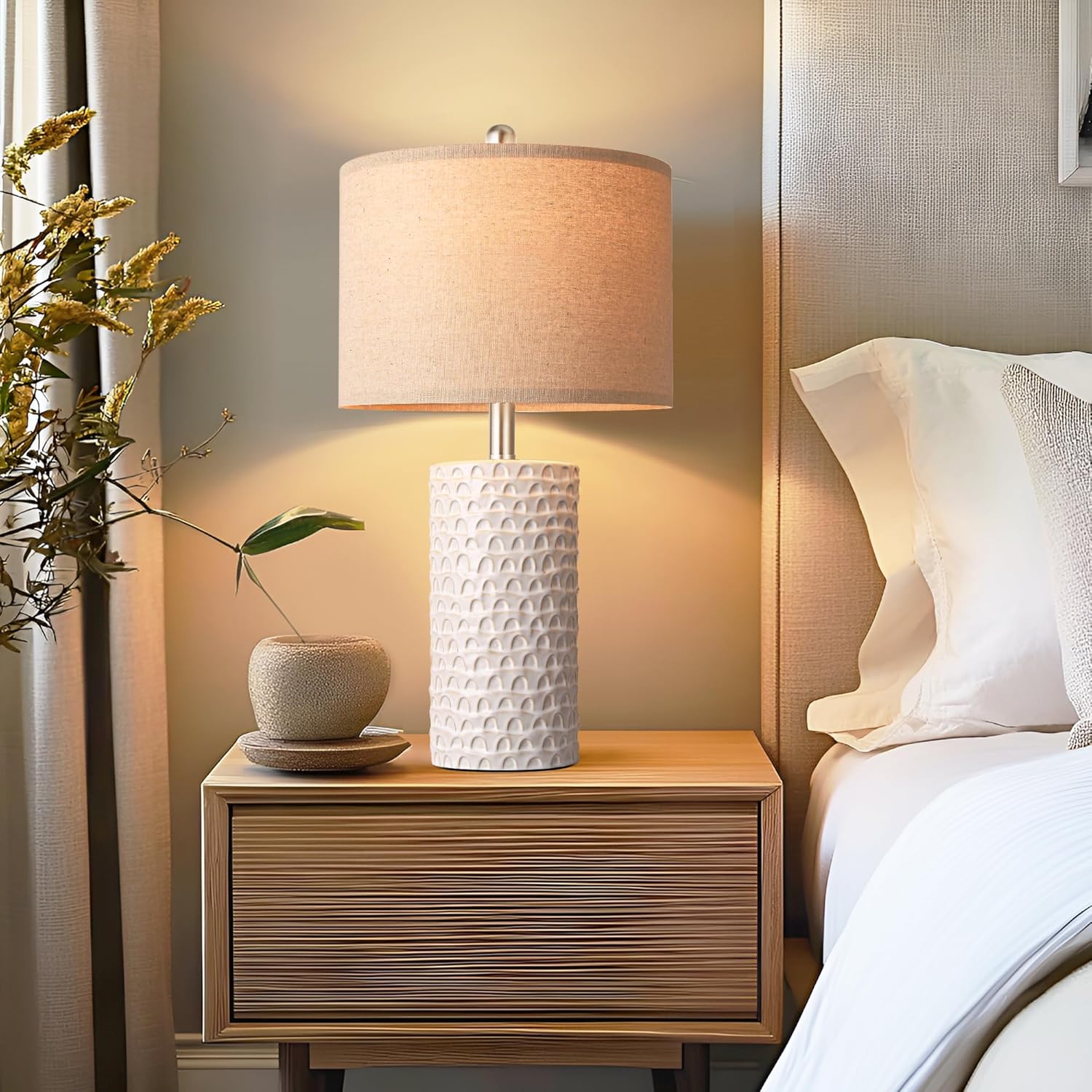 White Ceramic Beige Shade Table Lamps Set