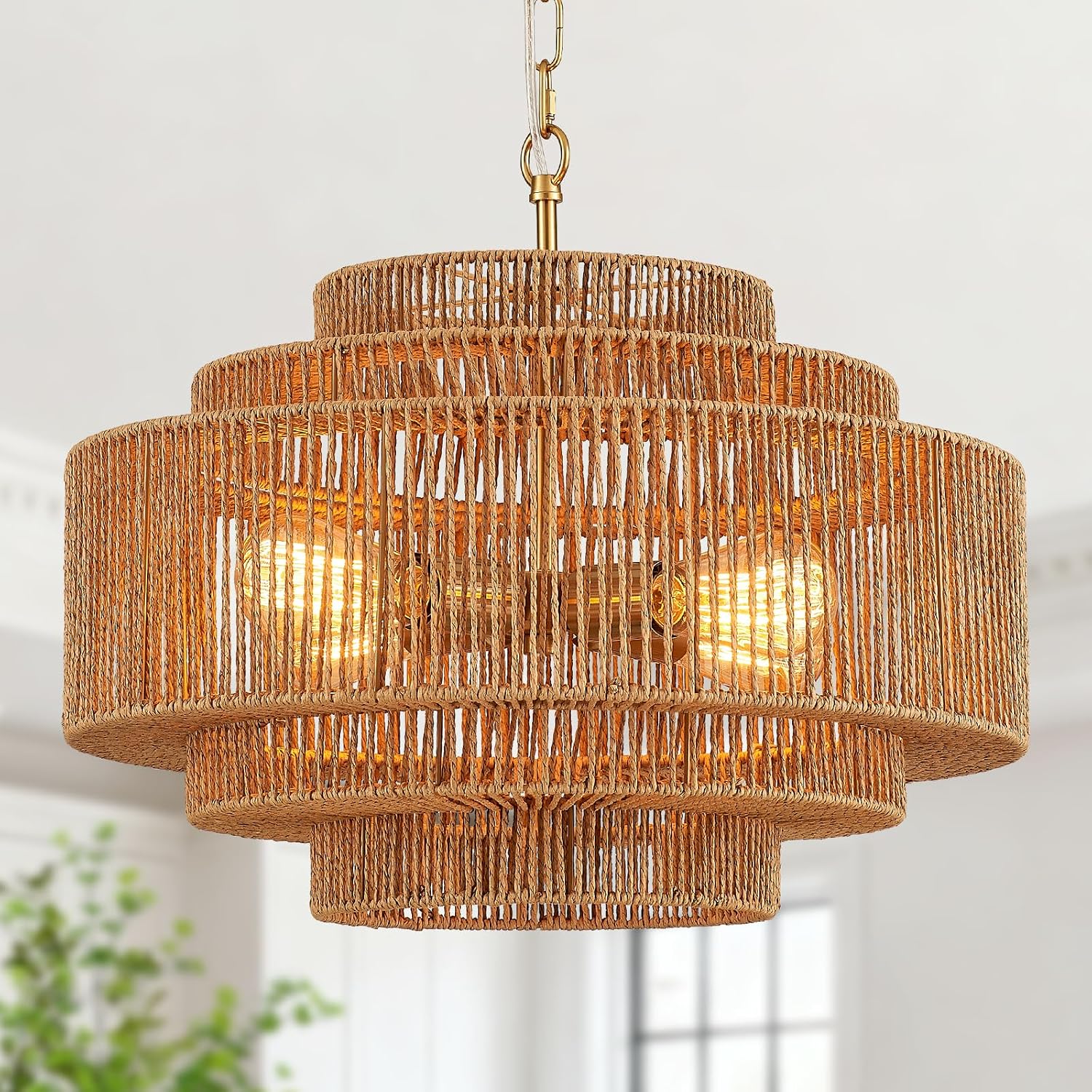 Gold Rattan Drum Chandelier