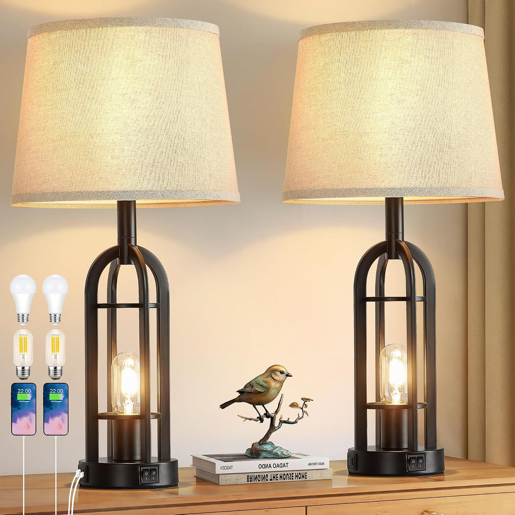 Black USB Charging Farmhouse Table Lamps Set
